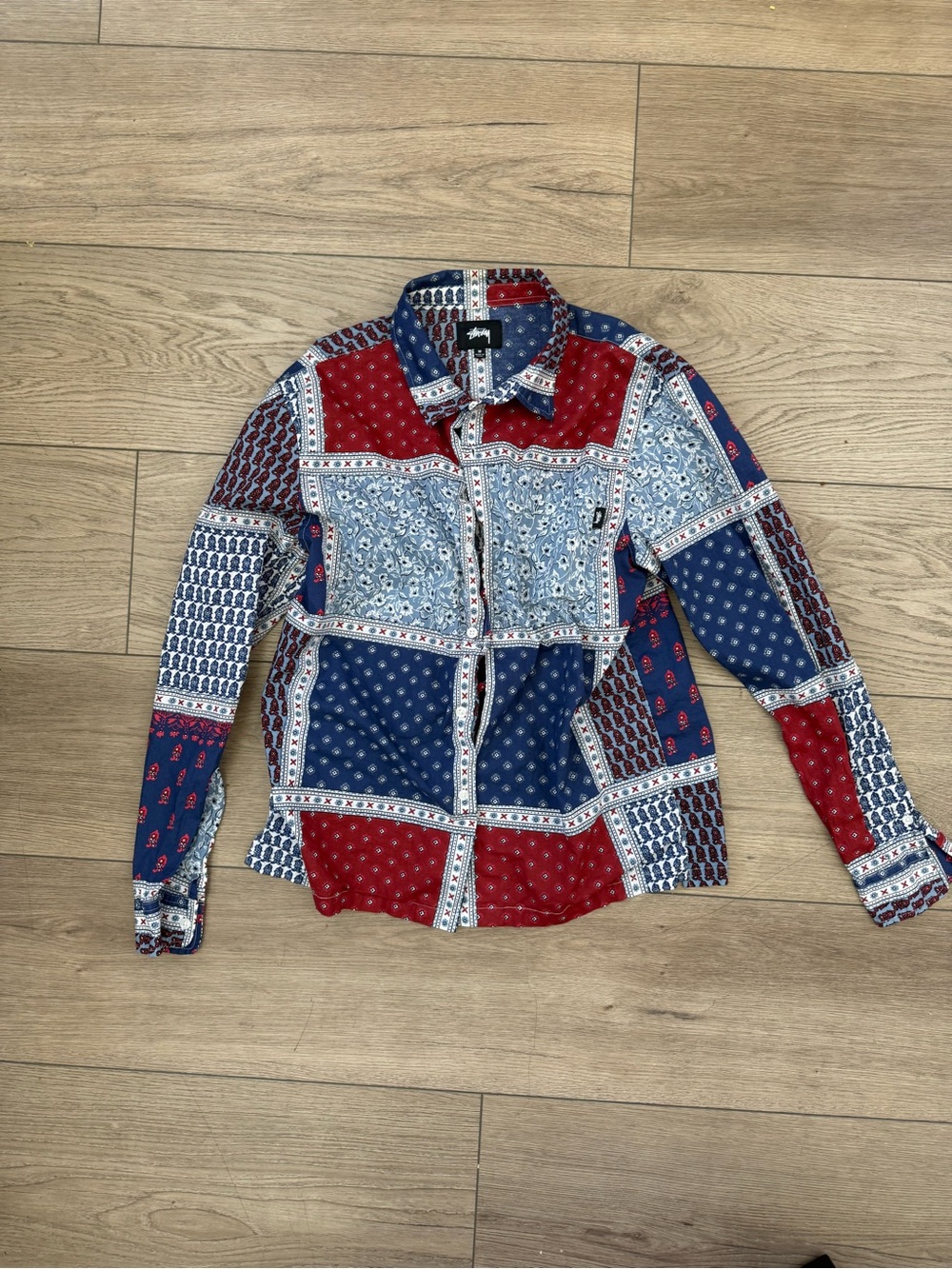 Stussy Patchwork Bandana Print Button-Down Shirt - Red, Navy, Light Blue